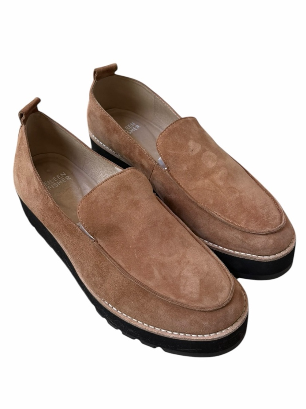 Eileen Fisher Ells Brown Luxe Suede Platform Slip-On Loafers Size 8 Round Toe